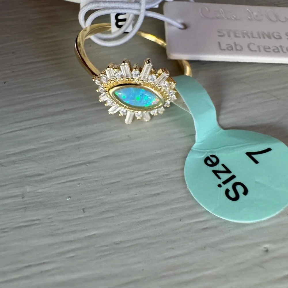 NWT Vintage Genuine Opal Solid Sterling Silver Gold Over Evil Eye Ring Size 7